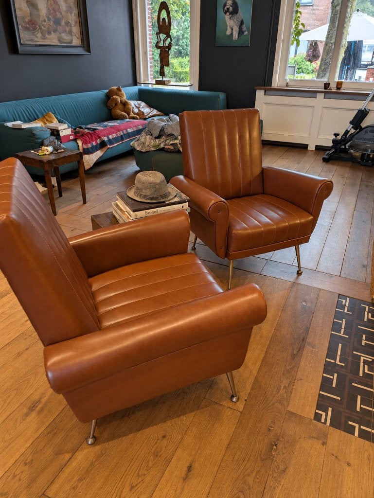 Set van 2 vintage cognac leren fauteuils – mid-century, Enlèvement, Utilisé, Bois, Mid century