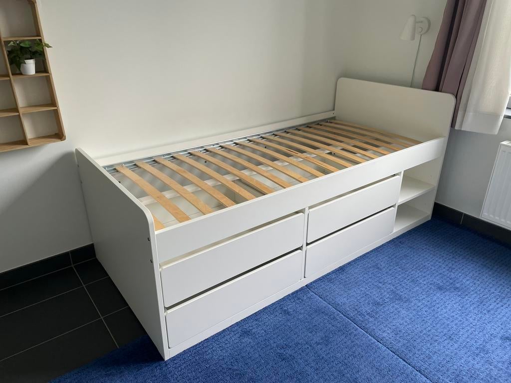 IKEA SLÄKT bed 90x200 met 4 lades – wit – topstaat, Ophalen, Zo goed als nieuw, Lattenbodem