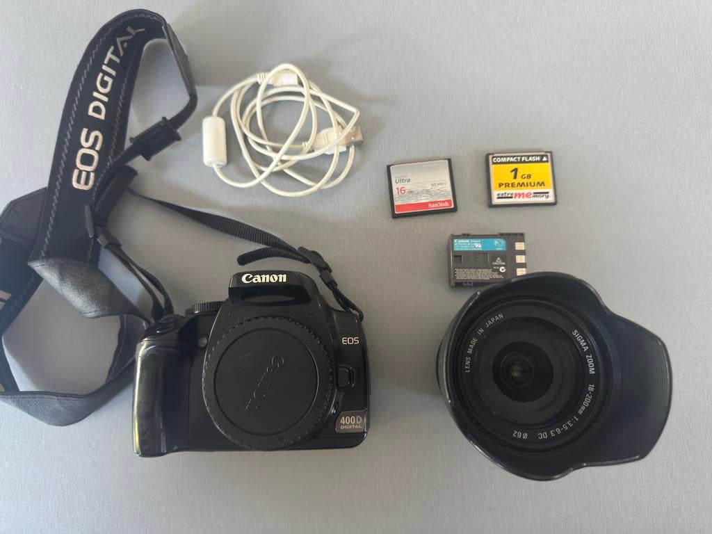 Canon EOS 400D + Sigma 18-200mm lens + accessoires – set, Gebruikt, Spiegelreflex, Canon, 10 Megapixel