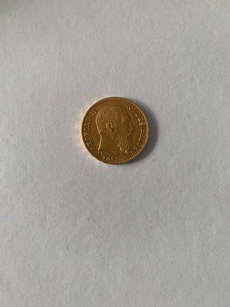 Goud 20 francs Belgie 1874 Leopold 2, Losse munt, Goud, Goud, Ophalen of Verzenden