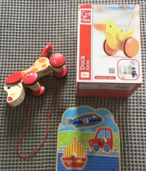 Hape houten trekhond, duwstok en puzzel, Ophalen of Verzenden, Gebruikt