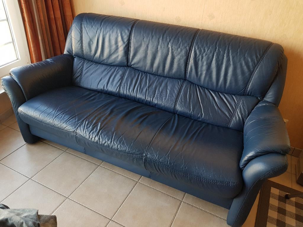 Canapé cuir bleu 3 places, Maison & Meubles, Canapés | Salons, 200 à 250 cm, Banc droit, Comme neuf, Enlèvement