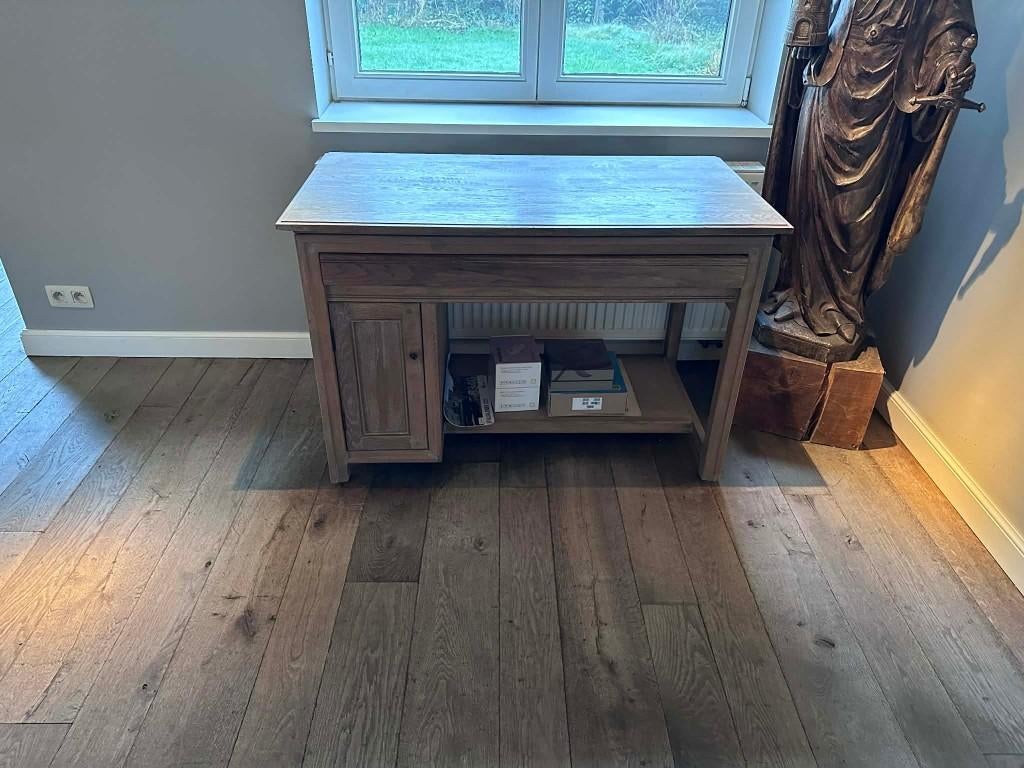 Massief eiken bureau met uitschuifbare tafeltje, Antiek en Kunst, Ophalen