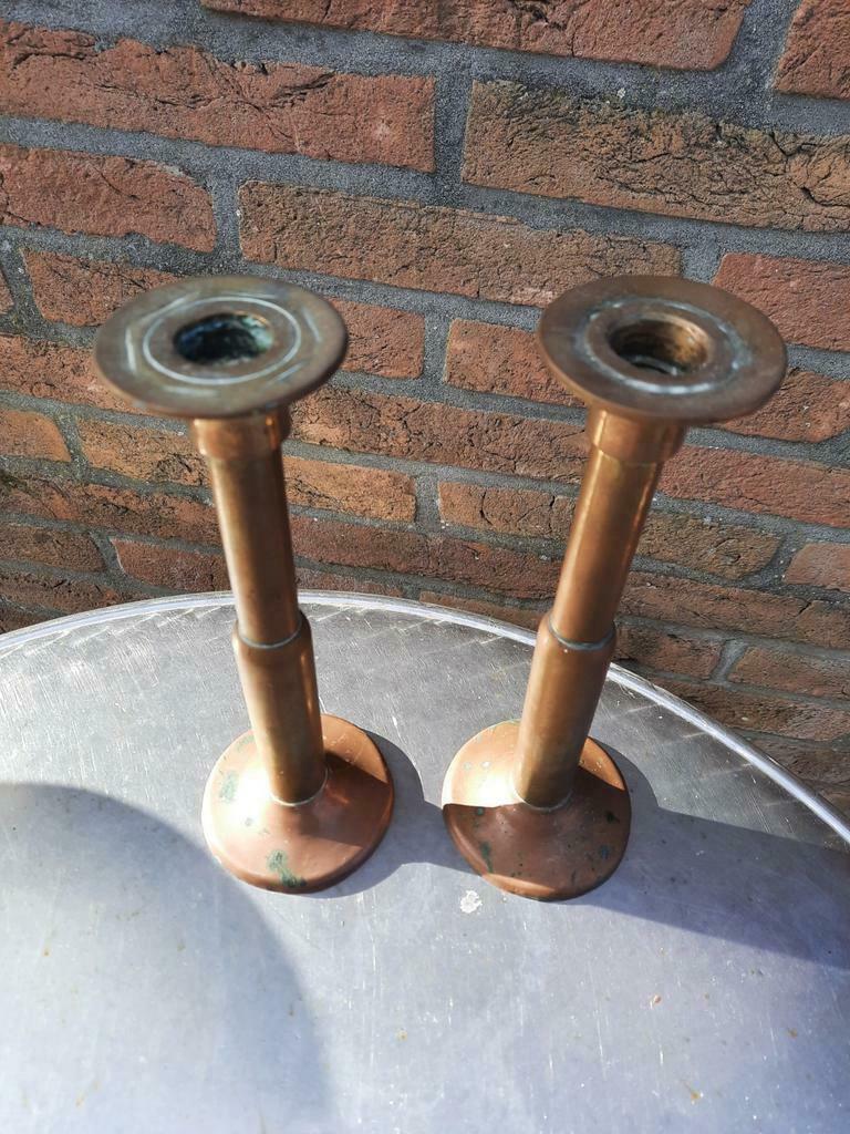 Koperen oude kandelaars 24,5 cm hoog, Enlèvement ou Envoi