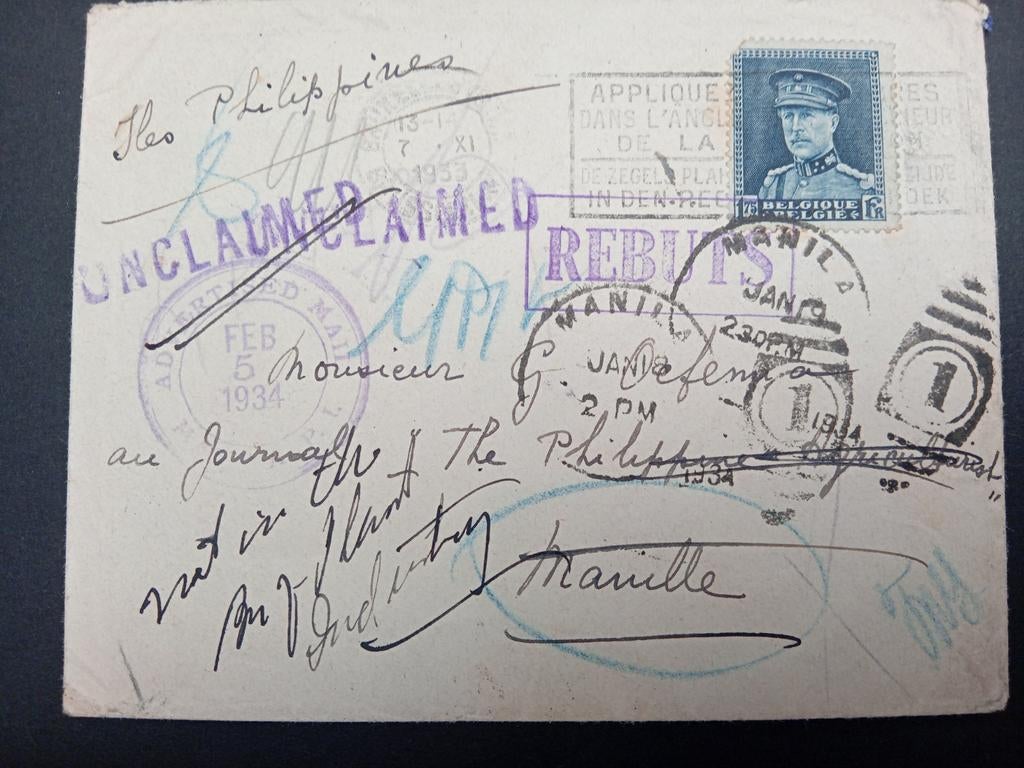 Belgique Lettre du roi Albert Ier aux Philippines, Timbres & Monnaies, Enlèvement ou Envoi, Lettre