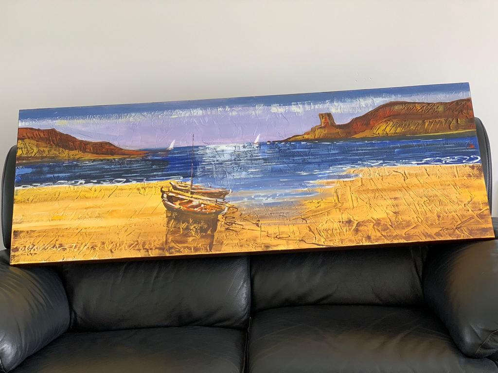 Toile représentant  une plage avec une barque, Ophalen of Verzenden