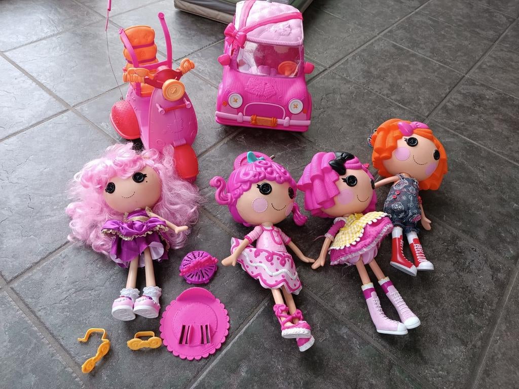 Set lalaloopsy poppen 3 stuks en auto + motor, Ophalen of Verzenden, Zo goed als nieuw