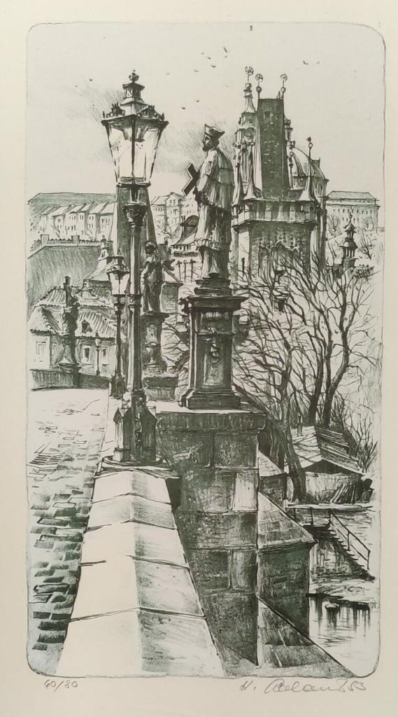 Lithographie du pont Charles de Prague encadrée, Antiquités & Art, Enlèvement ou Envoi