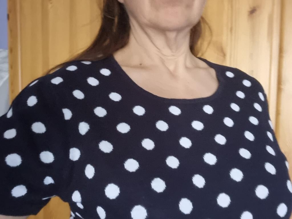 Gerey Weber 40-42 zwarte gebreide blouse met witte stippen, Kleding | Dames, Topjes, Gedragen, Zwart, Korte mouw, Ophalen of Verzenden