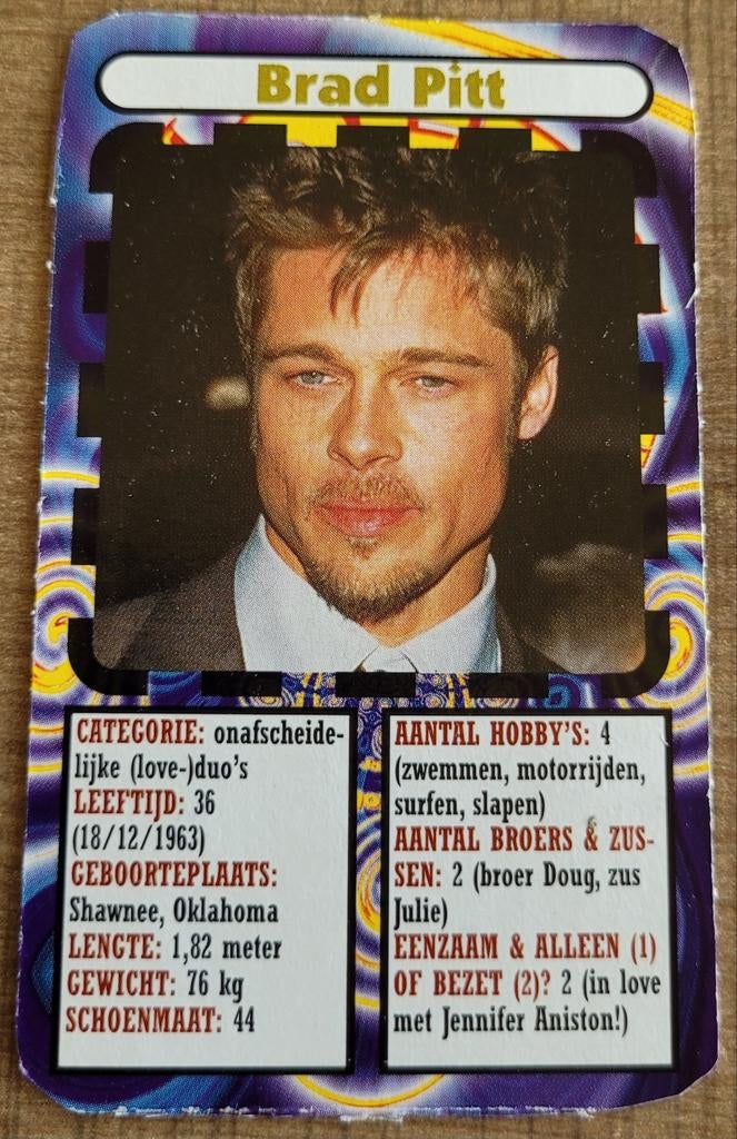 Brad Pitt: fotokaart (Joepie), Enlèvement ou Envoi, Comme neuf, Photo ou Carte