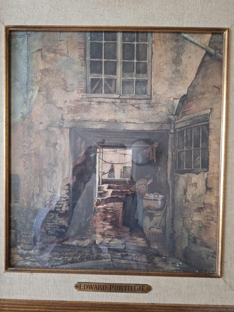 Fraaie aquarel Edward Portielje Huis met poort en wasvrouw, Antiek en Kunst, Ophalen