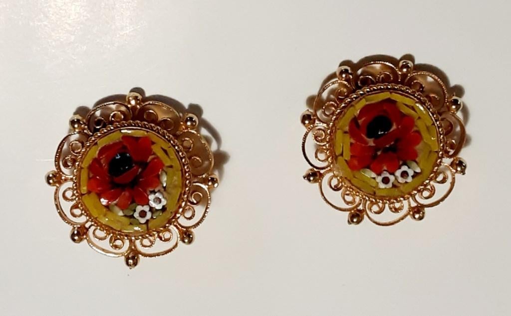 Boucles d'oreilles vintage en micro mosaïque, Enlèvement ou Envoi, Or, Autres matériaux, Avec pierre précieuse