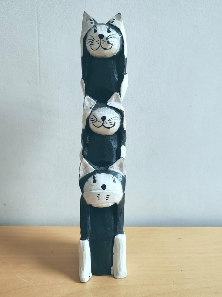 Statue Totem 3 Chats "Sages" en bois sculpté Déco Bohème, Enlèvement ou Envoi