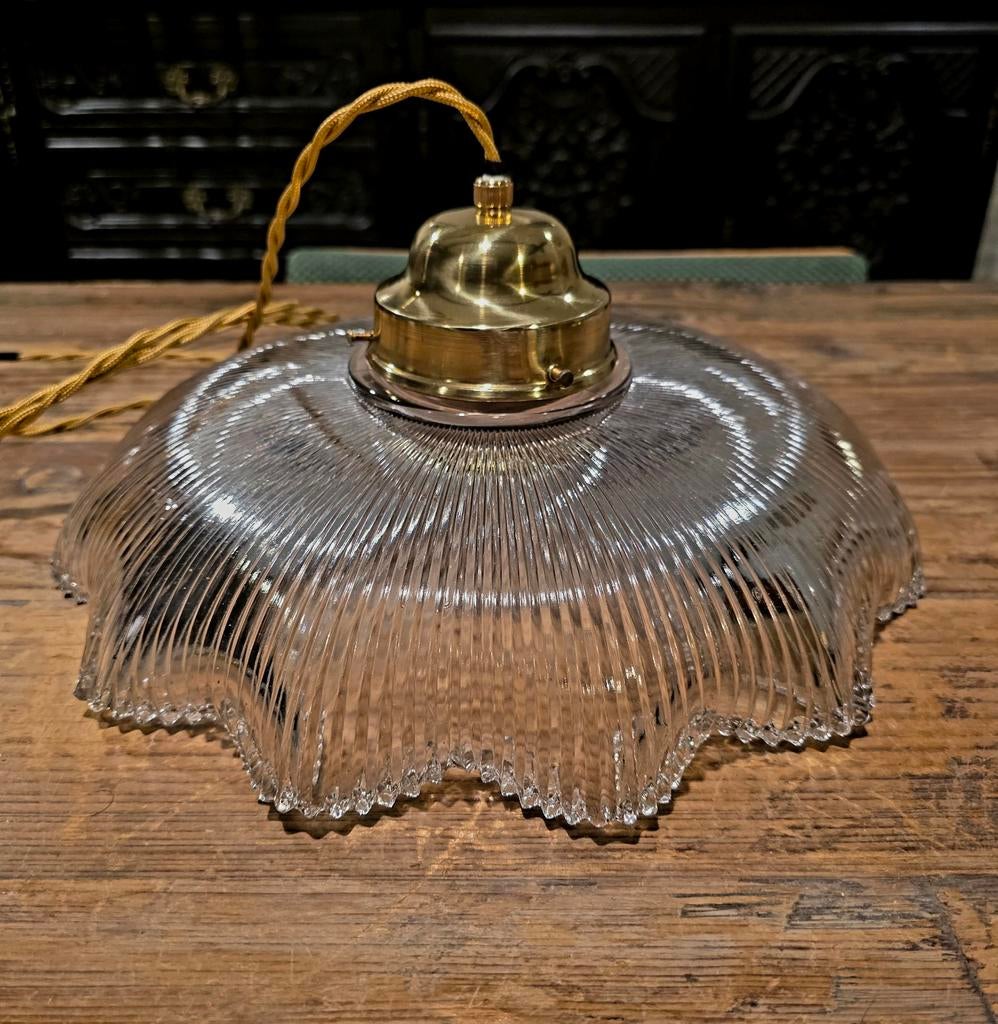 Vintage XL  holophane glazen hanglamp., Antiek en Kunst, Ophalen of Verzenden