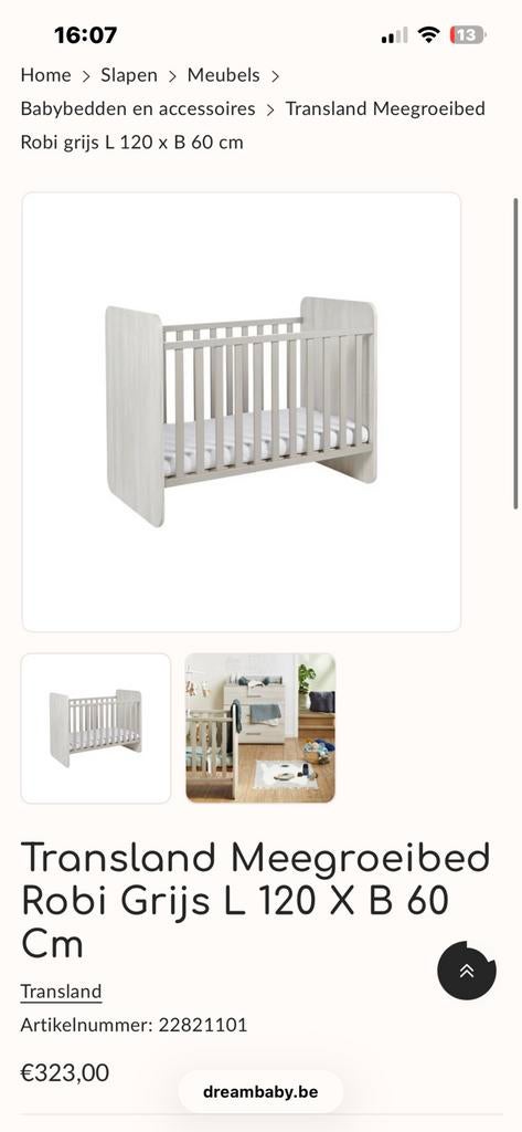 Dreambaby Meegroeibed Robi grijs + matras, Kinderen en Baby's, Kinderkamer | Bedden, Ophalen, Zo goed als nieuw, Minder dan 140 cm