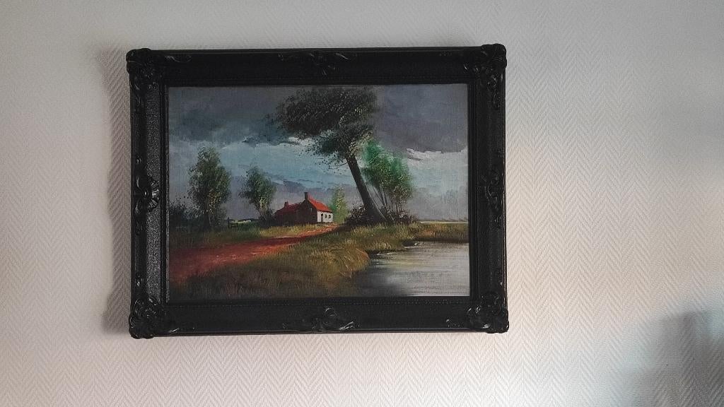 schilderij in zwarte rustieke kader +- 85cm op 65cm, Antiek en Kunst, Ophalen of Verzenden