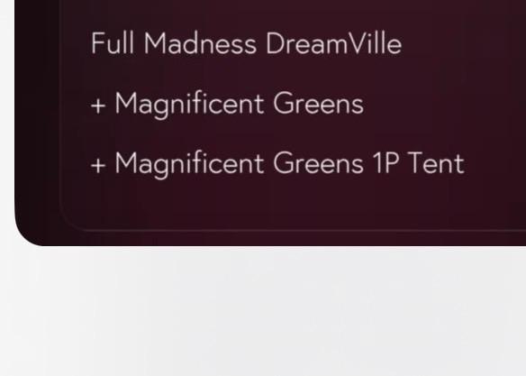 Magnificent Greens Tent 1P Package + full madness pass, Enlèvement