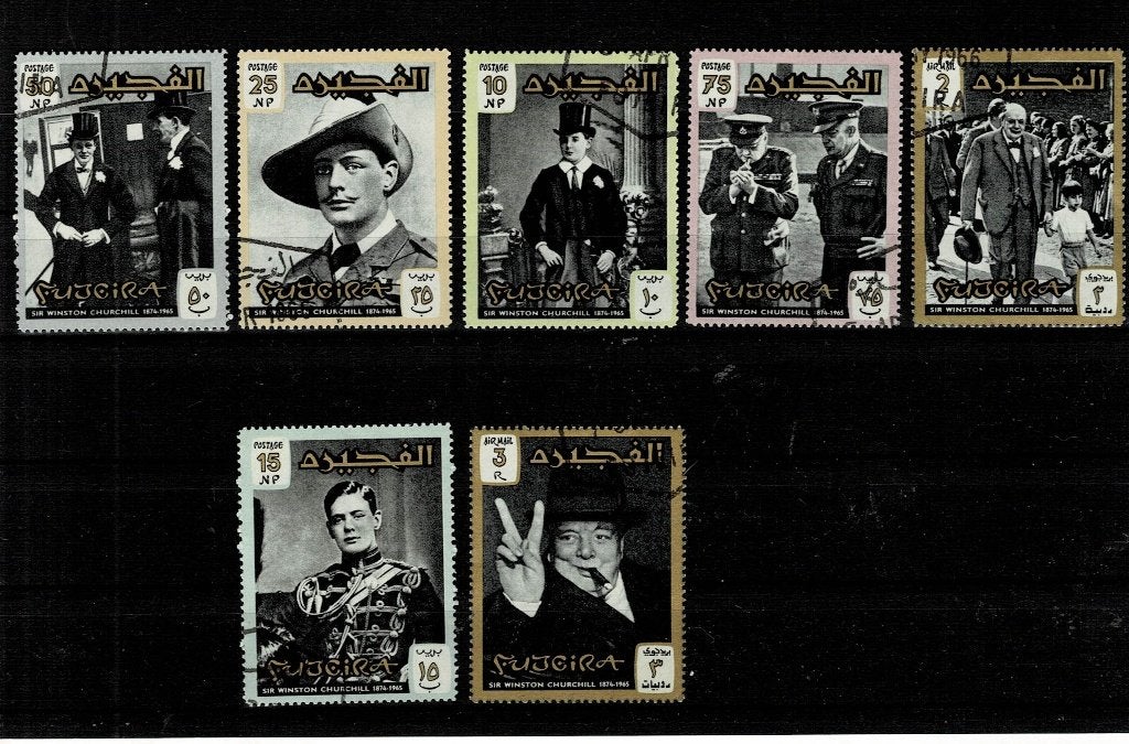 ASIE E.A.U. FUJEIRA WINSTON CHURCHILL 7 TIMBRES OBLITERES, Enlèvement, Affranchi
