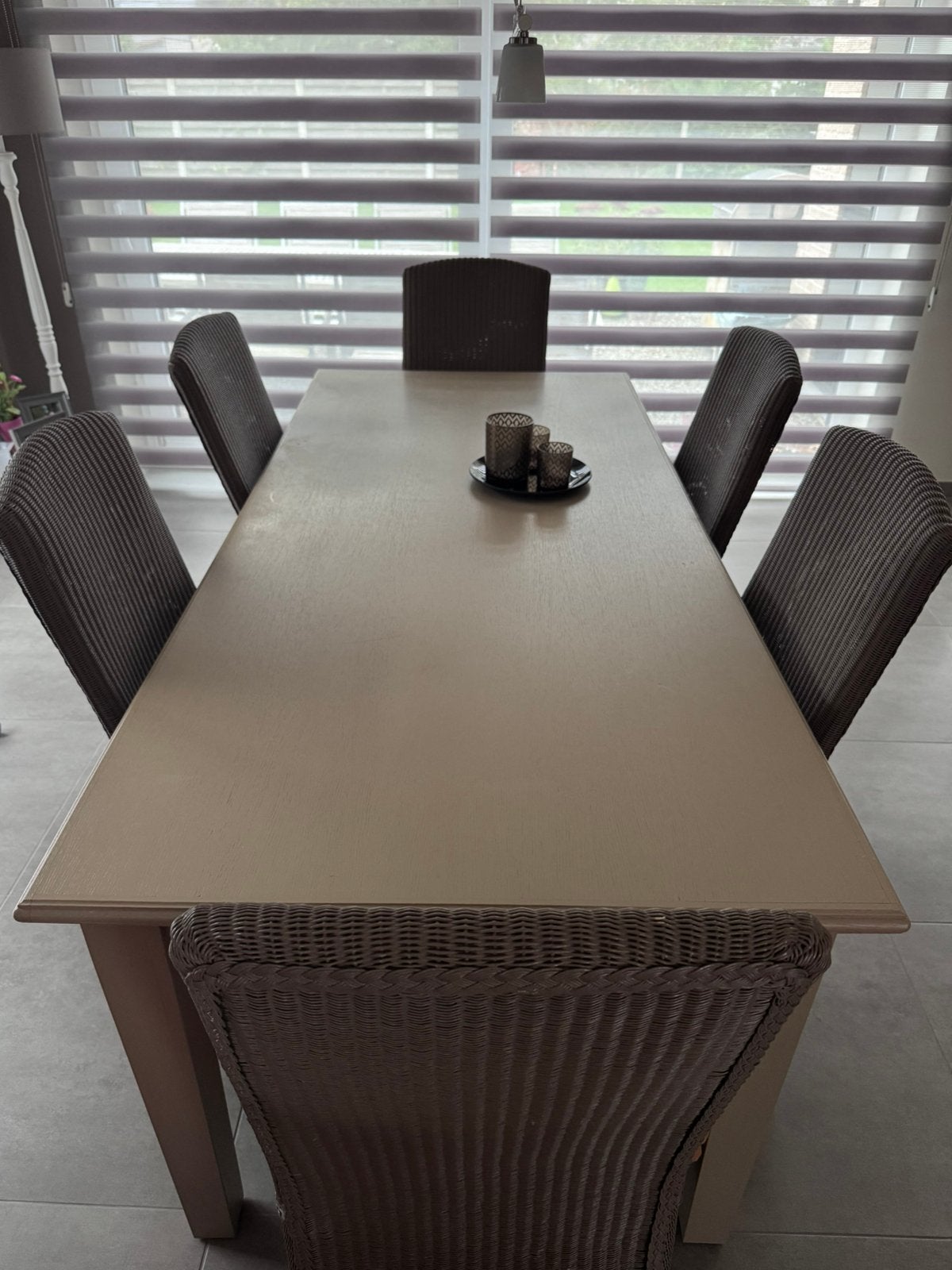Tafel taupekleur 2m00 x 0m90, Ophalen, Gebruikt, 6 tot 8 stoelen