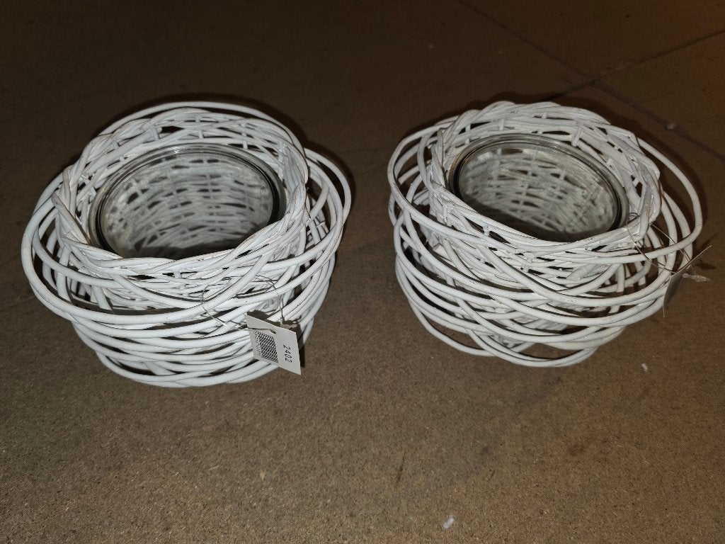 rieten windlichten met glazen inzetstuk, Huis en Inrichting, Ophalen of Verzenden, Nieuw, Wit, Overige materialen