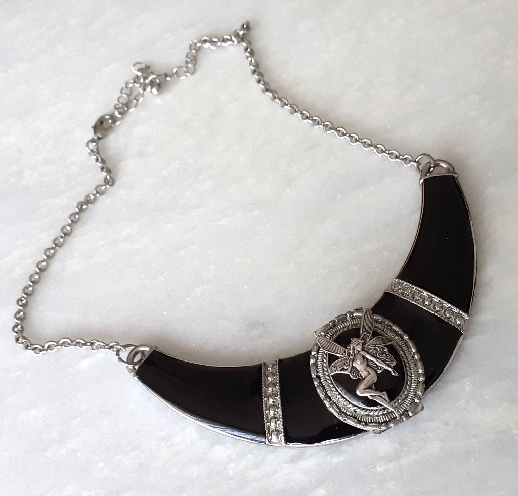 Statement ketting goth fantasy zwart met elfje, Bijoux, Sacs & Beauté, Enlèvement ou Envoi, Noir