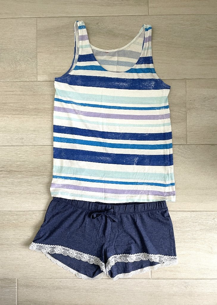 Zomers pyjamasetje met shortje en topje (M), Enlèvement ou Envoi, Comme neuf, Taille 38/40 (M), Bleu