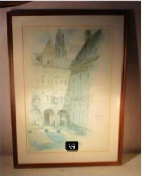 Belle aquarelle ancienne 'Derrière la cathédrale' - 1916, Antiquités & Art, Enlèvement ou Envoi