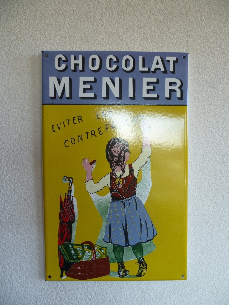 EMAILLE RECLAMEBORD"CHOCOLAT MENIER"REPRO JAREN 80/90, Ophalen of Verzenden, Zo goed als nieuw, Reclamebord