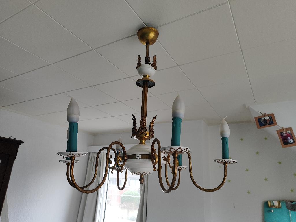 Antieke koperen luster 6 armen, Huis en Inrichting, Lampen | Kroonluchters, Gebruikt, Metaal, Overige materialen, Ophalen