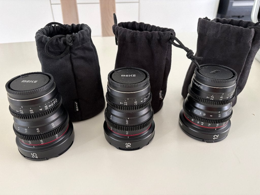 Meike Mini Prime T2.2 MFT Set 12/16/25 mm, Audio, Tv en Foto, Ophalen, Overige merken, Gebruikt, Micro Four Thirds