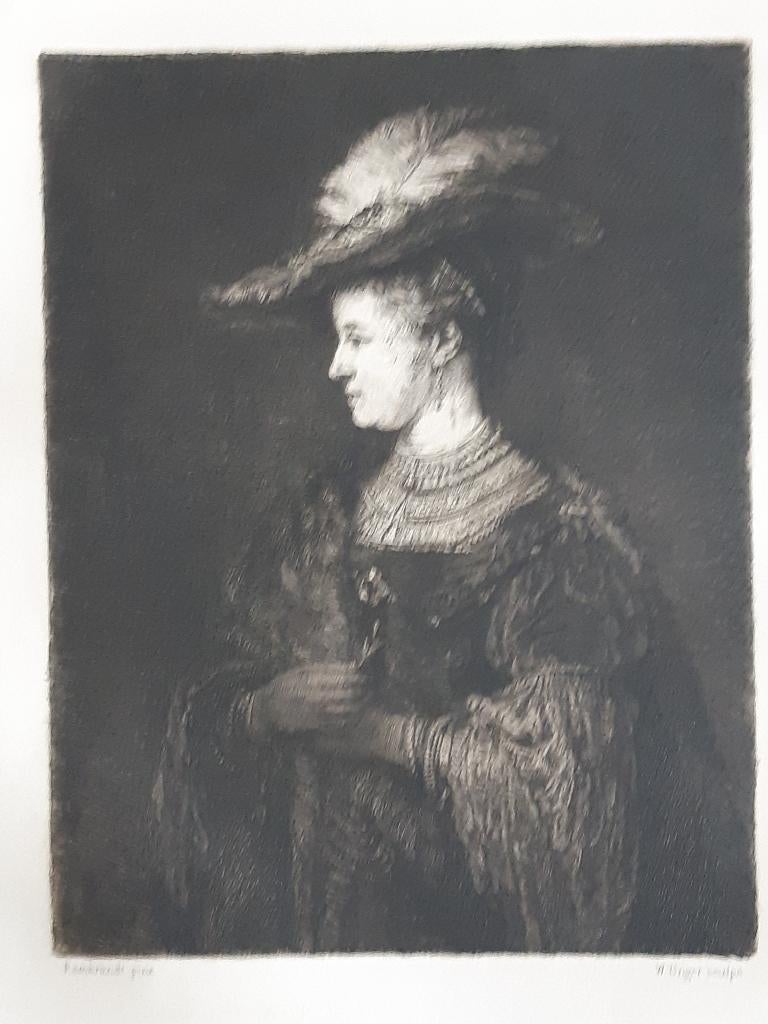 Gravure de William Unger de 1886 d'après Rembrandt, 31 cm, Eau-forte, 23 cm, Vie quotidienne