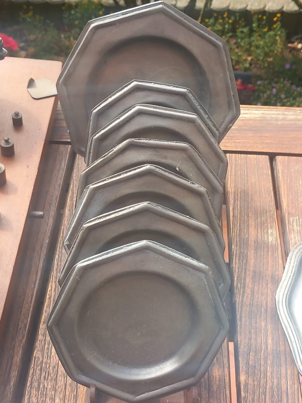 Set van 6 vintage tinnen bordjes – 92% tin (Étain), Antiquités & Art, Enlèvement