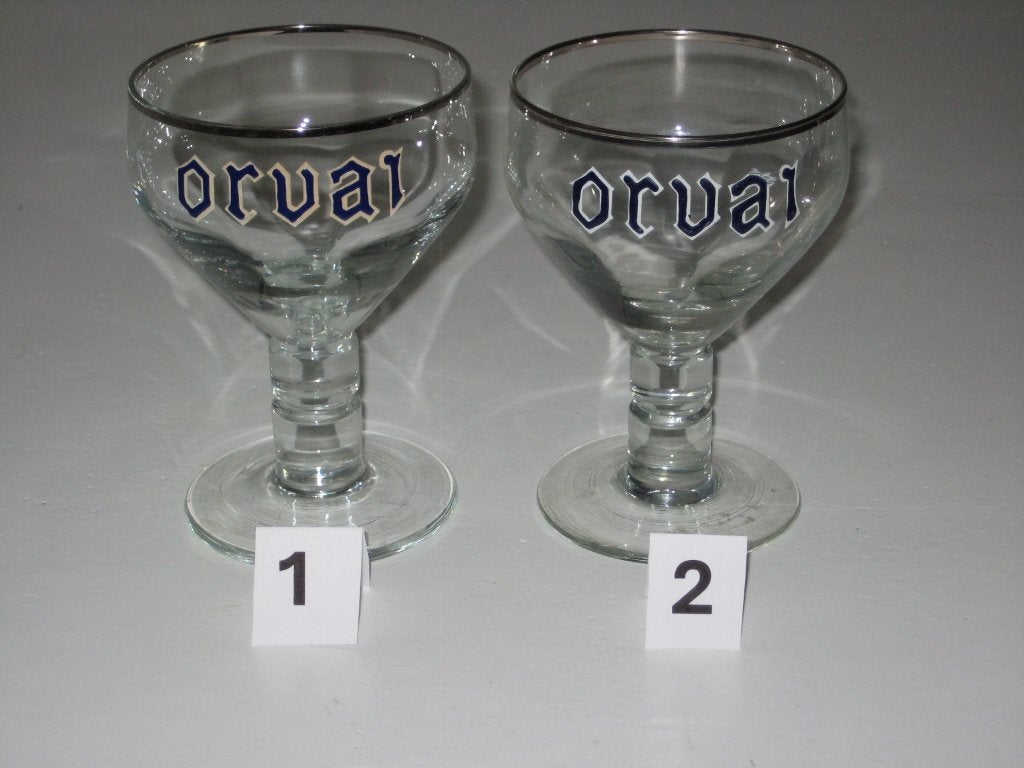 2x emaille glas brouwerij abdij ORVAL trappist, Ophalen of Verzenden, Gebruikt, Glas of Glazen