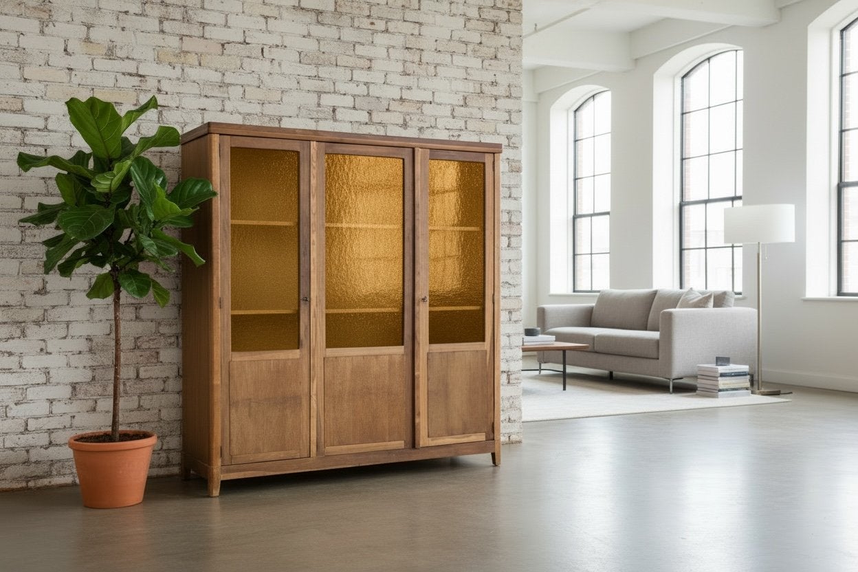 Vintage houten vitrinekast / wandkast met geel relief glas, Antiek en Kunst, Ophalen of Verzenden