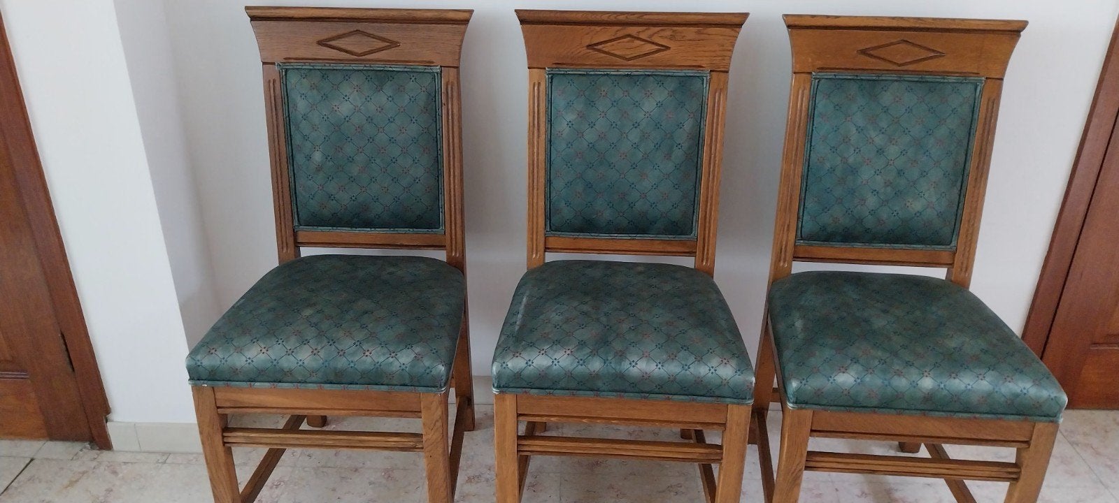 6 stoelen volle eiken met groen bekleding, Antiek en Kunst, Ophalen