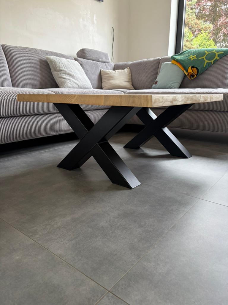 MASSIEF EIKEN SALONTAFEL – INDUSTRIËLE LOOK, Huis en Inrichting, Tafels | Salontafels, Ophalen, 100 tot 150 cm, Industrieel modern