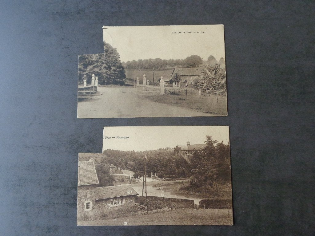 2 anciennes cartes postales de Val Dieu (timbres découpés), Collections, Enlèvement