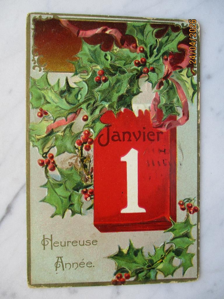 nieuwjaar 1 januari kalender hulst lint 1908 Canada, Verzamelen, Verzenden, Voor 1920, Gelopen, Feest(dag)