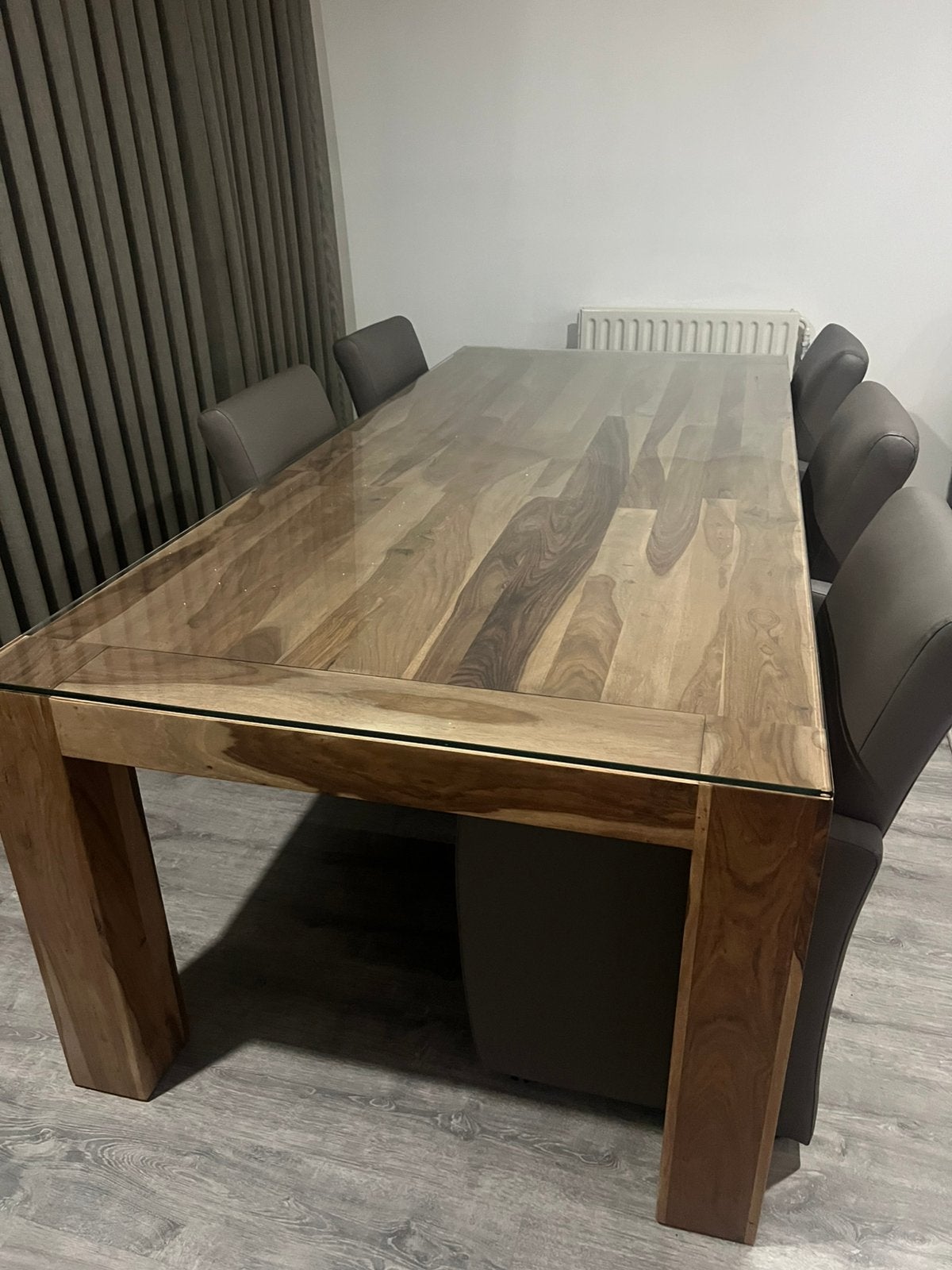 Massief eiken eettafel 250x110 cm + glas + 6 luxe stoelen, Huis en Inrichting, Ophalen