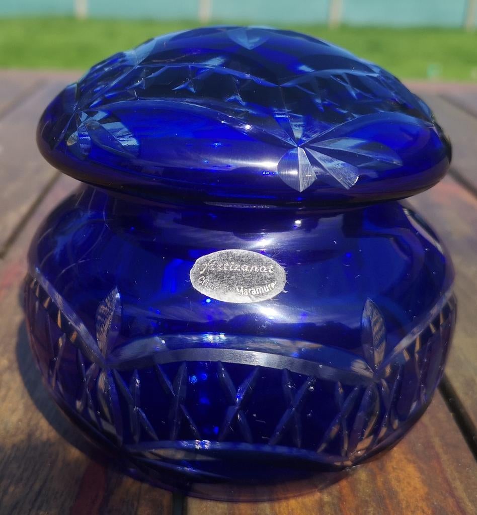 Blauwe kristallen pot met deksel, Antiek en Kunst, Ophalen
