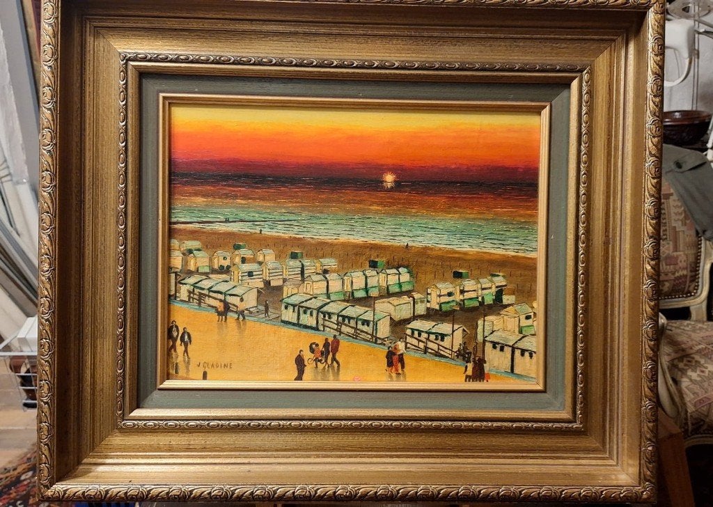 Schilderij strandhuisjes zonsondergang, gesigneerd, Antiek en Kunst, Ophalen of Verzenden, Gedateerd