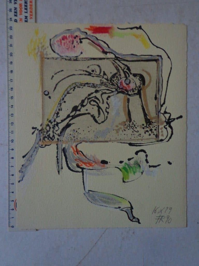 Kleurrijke gemengde techniek van Frits Vertongen uit 1990, Abstrait, Enlèvement ou Envoi, Papier/carton, Technique mixte