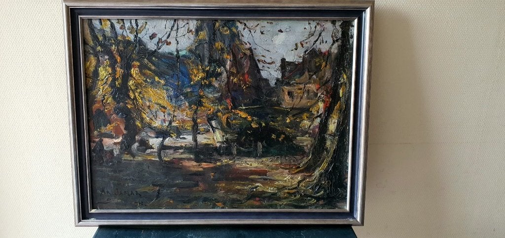 Armand Jamar vue village en automne huile sr toile 1870-1946, Antiquités & Art, Textile, Peinture à l'huile, Signé, Enlèvement
