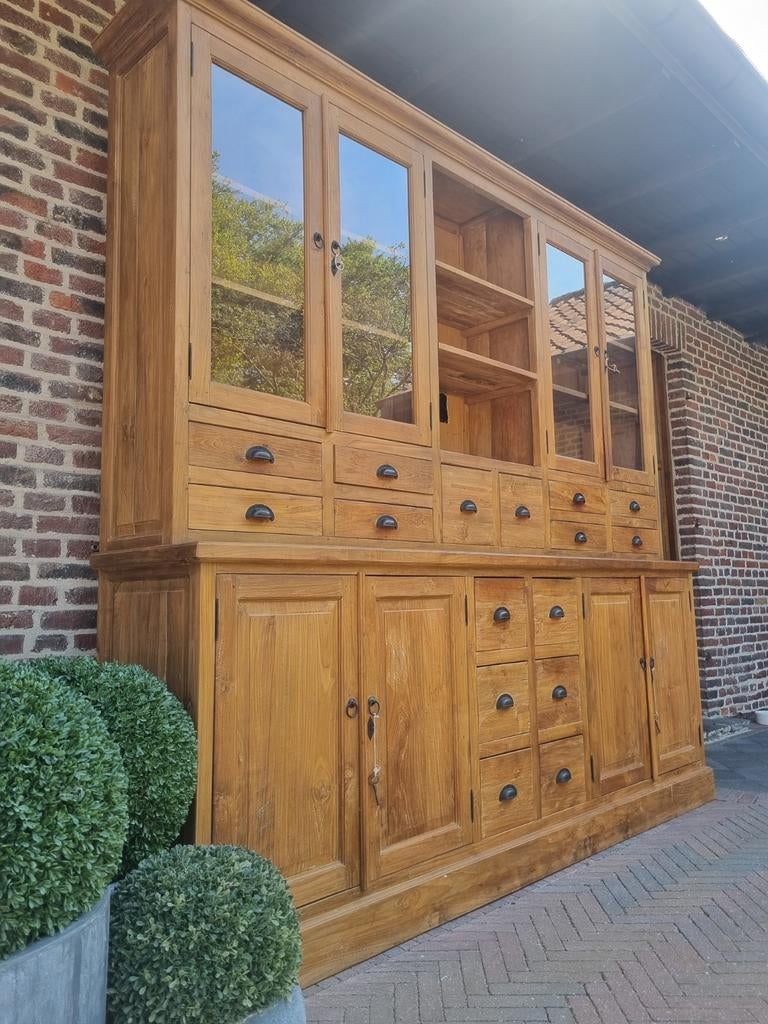 Teak buffetkast/vitrinekast GRATIS LEVERING, Huis en Inrichting, Kasten | Buffetkasten, Zo goed als nieuw, 200 cm of meer, 200 cm of meer
