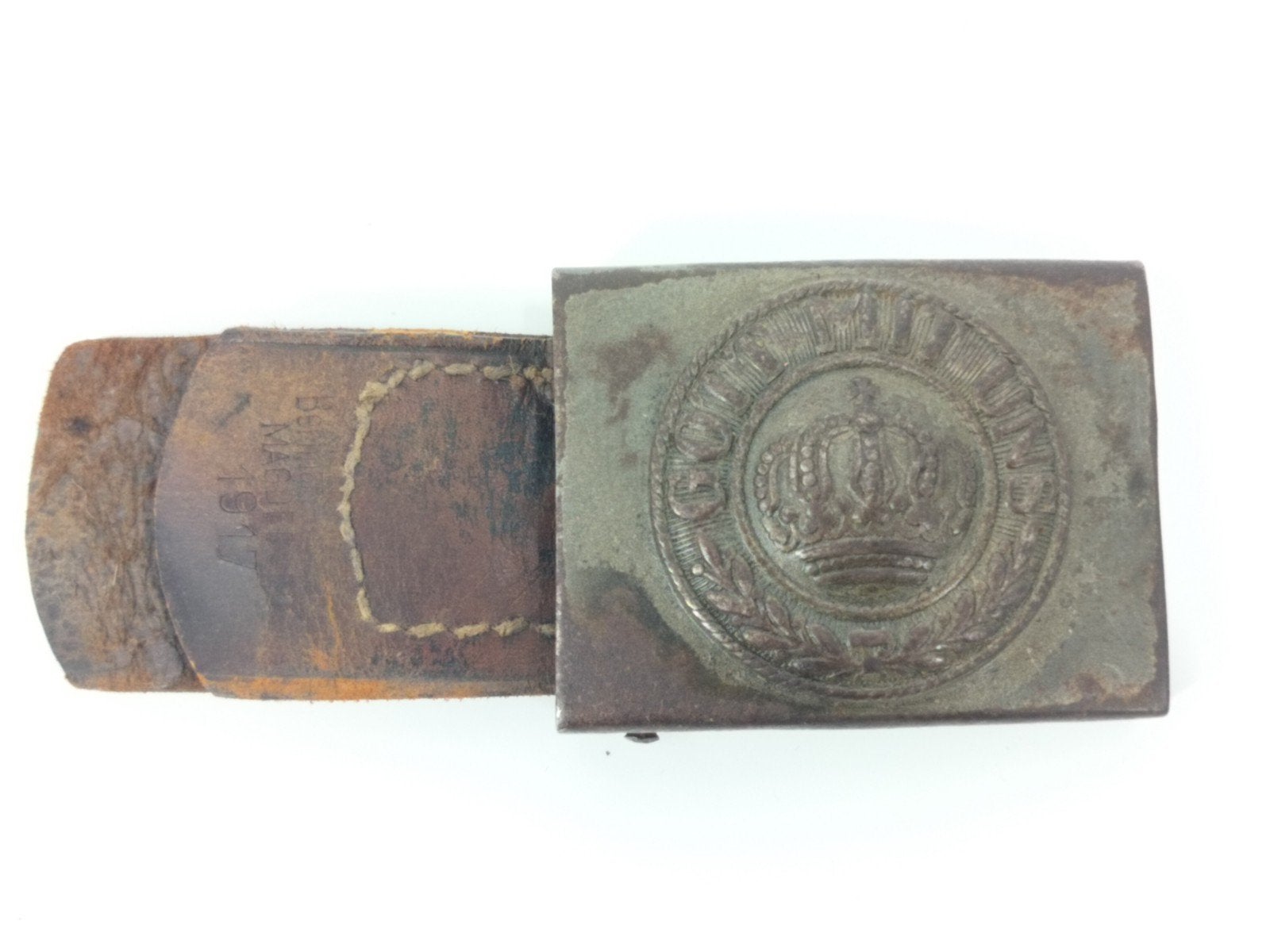 Originele Pruisen WO1 buckle met lederen tab 1917, Ophalen of Verzenden