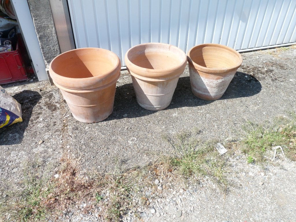 3 terracotta bloempotten  42cm,  40cm  en 35 cm diameter, Gebruikt, Rond, Minder dan 40 cm, Binnen