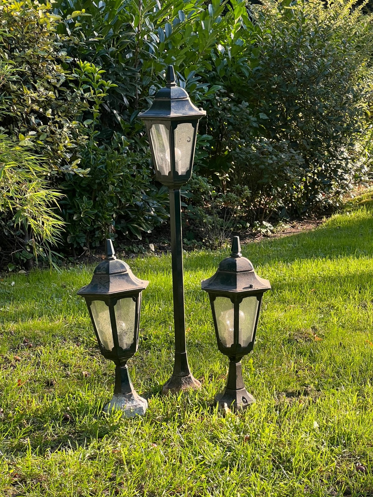 Complete set 3 klassieke tuinlantaarns – 1 hoge + 2 lage, Tuin en Terras, Ophalen, Gebruikt, Glas
