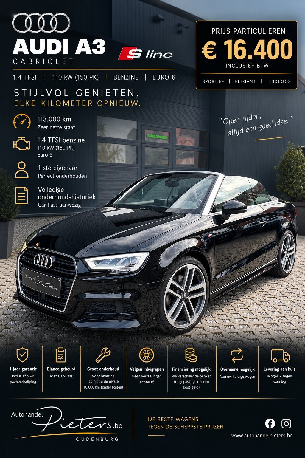 Audi A3 Cabrio S line - Automaat - Benzine 150 pk, Auto's, 4 zetels, Gebruikt, 4 cilinders, Cabriolet