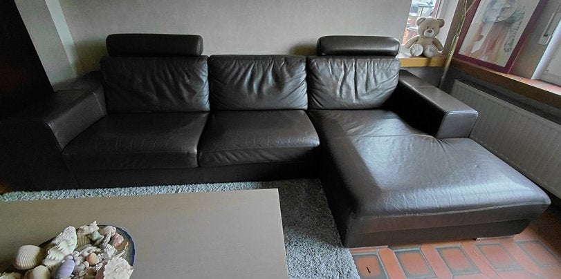 Lederen salon met longseat + salontafel, 150 cm ou plus, 300 cm ou plus, Italiaans leder, Quatre personnes ou plus