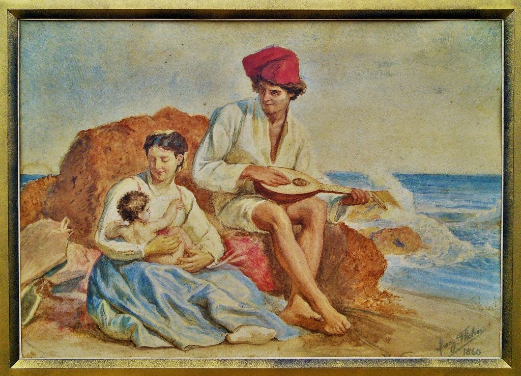 Franz Thelen (1826-1877) aquarel koppeltje aan de kust, Enlèvement ou Envoi